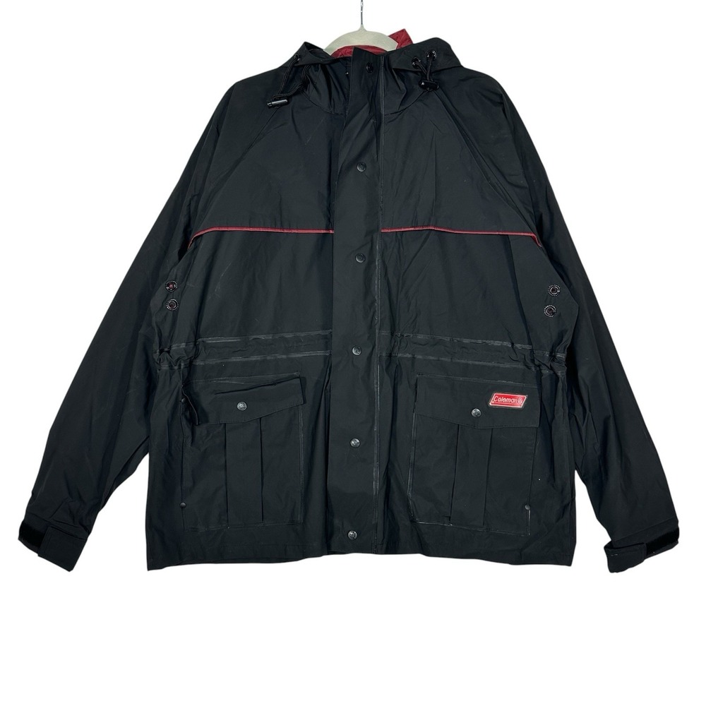 Coleman Gorpcore Rain Jacket XL Black Red Trim Hooded PVC Waterproof Utility